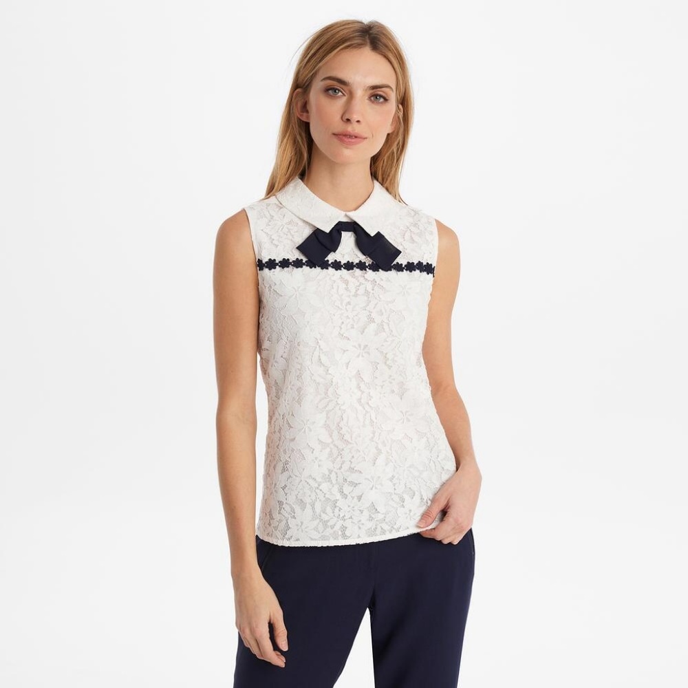 Sleeveless Lace Collar Bow Blouse